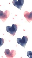 Watercolor hearts in navy blue and blush pink scattered on white background create romantic seamless pattern for wedding stationery and Valentine's Day designs.