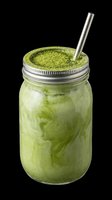 Matcha latte in glass mason jar with metal lid and straw, isolated on transparent background, ready for beverage menu design, packaging, and print-on-demand products.