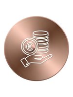 Rose gold circular icon featuring hand holding euro coins stack, representing financial services, investment management, and wealth protection concepts.