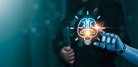 Robotic hand holding glowing lightbulb with AI brain circuit and innovation icons floating around in futuristic technology concept for automation and creativity.