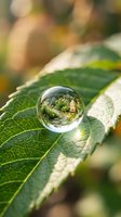 Crystal sphere on green leaf reflecting miniature garden scene with bokeh background for meditation and mindfulness concepts.