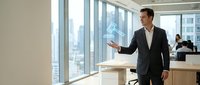 Male professional in dark business suit presenting at modern office podium with city skyline view through floor-to-ceiling windows, suitable for corporate training, business presentations, and leadership content.