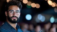 Young mixed race businessman with glasses and beard smiling confidently against blurred bokeh lights background, modern professional portrait.