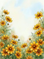 Watercolor yellow daisy flowers frame border with soft pastel background for spring greeting cards, invitations and floral design projects.
