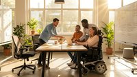 Diverse business team including wheelchair user collaborating in modern office meeting room with natural light and plants.