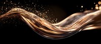 Luxurious golden liquid wave with sparkling particles flowing on black background creates dynamic motion effect with metallic copper splashes.