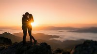 Romantic couple silhouette embracing on mountain peak at golden sunrise with clouds below, adventure travel and love concept for lifestyle content.