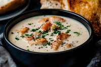 Creamy seafood chowder garnished with fresh herbs and salmon pieces in black ceramic bowl, served with crusty bread on rustic background. Close up food photography.
