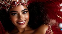 Young woman with curly hair wearing red floral crown with feathers, smiling warmly against dark background. Glamorous carnival costume for festival advertising.
