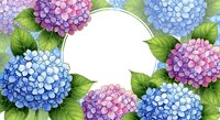 Watercolor hydrangea flowers frame with green leaves creating decorative border on white background for spring garden design projects.