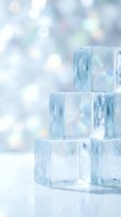 Stacked transparent ice cubes forming a tiered structure on white surface with soft bokeh light background, cool winter concept.