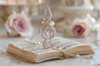 Vintage musical note brooch with pearls and crystals on open antique sheet music book, pink roses in soft romantic lighting, nostalgic composition.