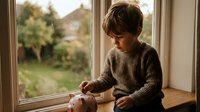 Young boy with brown hair, Caucasian ethnicity, sitting by window playing with piggy bank, learning about savings and financial literacy for children's education content.