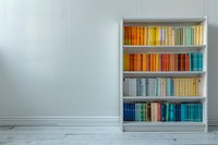 Colorful books arranged by rainbow spectrum on white bookshelf against light wall, standing on wooden floor. Minimalist interior design with organized literature.