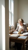 Senior Caucasian businesswoman with glasses reviewing documents at wooden desk by window in bright office space for professional workflow concepts.