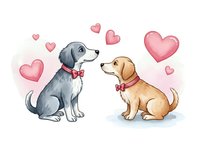 Two adorable puppies with red bow ties sitting together surrounded by floating pink hearts on soft pastel background for romantic designs.