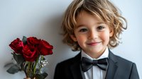 Young Caucasian boy in black tuxedo and bow tie smiling warmly next to red roses in vase against white wall, curly blonde hair, formal attire for special occasion.