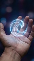 Open hand holding glowing blue energy spiral with bokeh lights background for technology and innovation concepts.