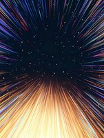 Colorful light streaks burst from center creating dynamic speed effect with blue, purple and golden rays against dark background, suggesting motion and space travel.
