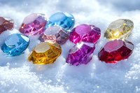 Colorful crystal gems scattered on white snow background, featuring blue topaz, pink sapphire, ruby and citrine stones in brilliant cut shapes creating magical winter scene.