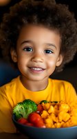 Happy African American toddler boy with curly hair smiling at camera while eating healthy colorful meal with broccoli, cherry tomatoes and corn in bowl.