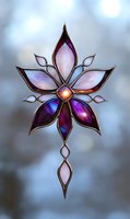 Stained glass cross flower in purple and pink tones with metallic bronze frame against blurred background, spiritual art piece for decoration and design.