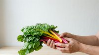 Young adult male with medium skin tone holding fresh rainbow chard with vibrant green leaves and colorful stems in shades of yellow, pink, and red. Suitable for healthy eating, nutrition, organic produce, and cooking content.