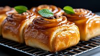 Fresh baked sweet rolls with caramel glaze and mint garnish on cooling rack, close up view showing soft dough texture and glossy topping. Perfect for bakery menu.