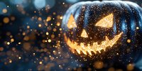 Glowing carved pumpkin with scary face illuminated from within against dark background with magical bokeh lights and sparkles creating spooky Halloween atmosphere.