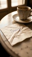 Handwritten sorry note on a crumpled napkin beside a coffee cup on a marble cafe table, conveying apology, regret, and emotion.