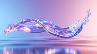 Dynamic water splash with flowing liquid wave in pink and blue gradient lighting, frozen motion capturing transparency and reflection on smooth surface.