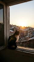 Cat sitting on windowsill at sunset overlooking rooftops of old town buildings. Golden hour light streams through open window frame. Domestic feline gazing at cityscape view.