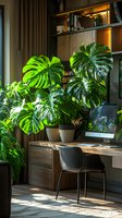 Monstera deliciosa plant with large green leaves in modern home office setting, wooden desk and black chair, sunlit workspace with natural decor elements.