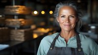 Confident mature female restaurant owner in mint green shirt and apron smiling warmly at camera, standing in cozy cafe interior with soft bokeh lights background.