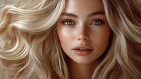 Close-up portrait of young blonde woman with wavy hair, blue eyes, freckles, and natural makeup against neutral background. Perfect for beauty advertising.