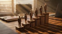Business team figures standing on ascending wooden blocks representing career growth and leadership development in warm office setting.