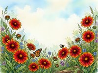 Watercolor wildflower garden border with red gaillardia blooms, monarch butterfly, and bee on soft sky background with copy space.