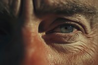 Close-up macro shot of mature Caucasian male blue eye with wrinkles and skin texture details in warm dramatic lighting, showing wisdom and life experience.