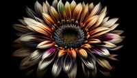 Sunflower with golden, cream, and magenta petals radiating from dark center on black background. Isolated botanical artwork suitable for wall art, home decor, and design projects.