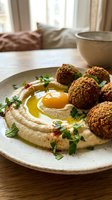 Fresh homemade hummus with crispy falafel balls, olive oil drizzle and herbs on rustic plate. Traditional Middle Eastern cuisine for restaurant menus.