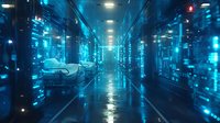 Futuristic autonomous vehicle driving through neon-lit digital corridor with glowing data streams and server infrastructure, representing advanced technology and smart transportation systems.