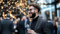 Young bearded man in glasses and gray blazer smiling at evening social gathering, holding wine glass against blurred bokeh lights and crowd background.