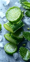 Fresh cut aloe vera plant pieces with water drops on dark background, stacked green gel chunks with ice cubes for natural skincare and cosmetics.
