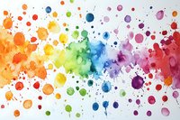 Vibrant rainbow watercolor paint splatters and drops creating artistic abstract background with colorful ink blots scattered across white surface.