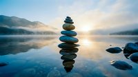 Zen stone stack balanced on calm lake water at sunrise with mountain reflections creating peaceful meditation and mindfulness atmosphere for wellness concepts.