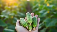 Fresh mini cucumbers held in open palm with blurred green garden background during golden hour sunlight for healthy organic farming concepts.