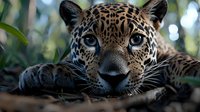 Close up portrait of jaguar face with intense blue eyes and spotted fur pattern lying in natural habitat among green foliage, showing predatory gaze and powerful presence.