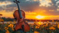 Violin resting among yellow wildflowers at sunset, dramatic orange sky and setting sun create romantic atmosphere for musical instrument photography.