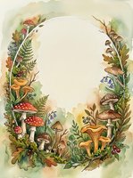 Watercolor autumn forest frame with mushrooms, ferns and leaves creating oval border on textured paper background for seasonal design projects.