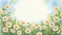 Watercolor daisy field border with white flowers and green foliage on soft blue background, copy space for text, spring nature art.